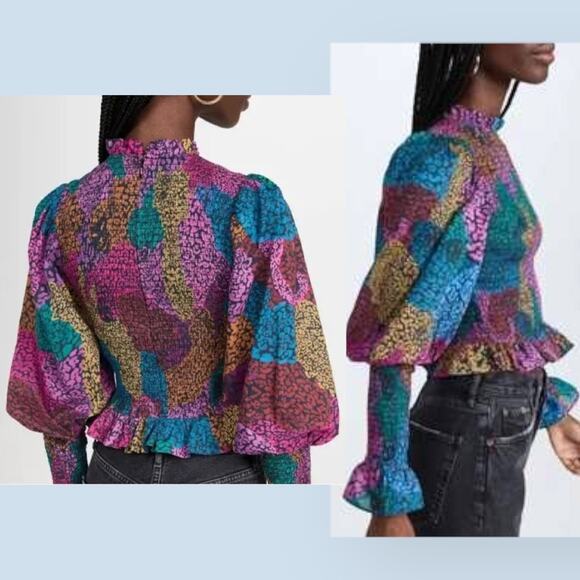 FARM RIO Leopard Rainbow Mix Blouse Smocked Ruffle Boho Cottagecore Glam Indie - Picture 2 of 13